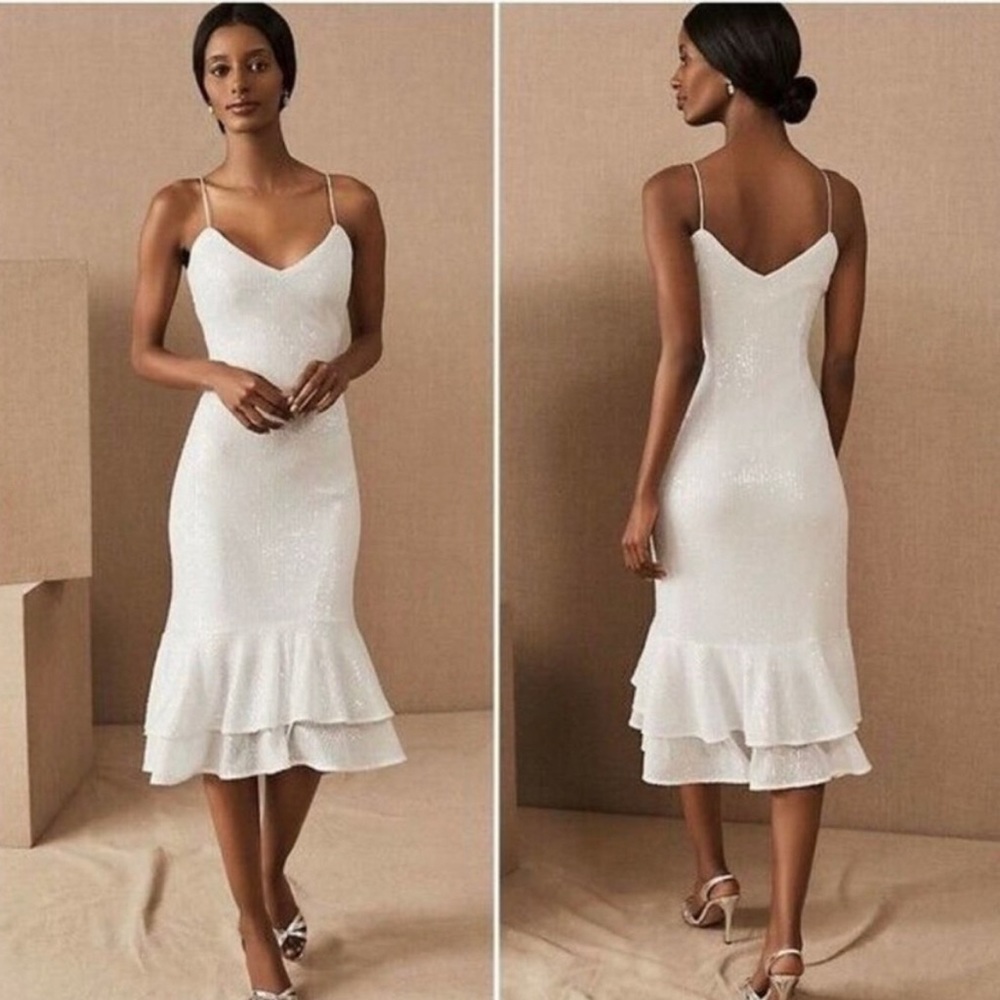 BHLDN White Sequin Spaghetti-Strap Midi Dress with Tiered Hem